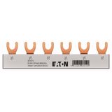EVGK busbar fork, 3-phase, L1 - L2 - L3, shortenable version with end caps included, 6 module units, 10 mm²