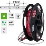 LED strip SMD2835 green, 120LED/m, 9.6W/m, DC 24V, 640lm/m, IP67, 10mm, 50m