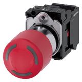EMERGENCY STOP mushroom pushbutton, illuminable, 22 mm, round, metal, shiny, red, 30 mm, positive latching,
