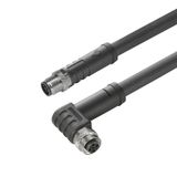 Power cable, Connecting line, M12 / M12, Number of poles : 3 (2 + PE), 5 m, pin, straight - socket, 90&deg;, Shielded: No, LED: No, Sheath material: PUR, Halogen: No