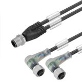 Sensor/actuator line, Connecting line, M12 / M12, Number of poles : 3, 10 m, Twin cabling, pin, straight, 2x socket, angled, Shielded: No, LED: Yes, Sheath material: PUR, Halogen: No