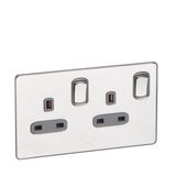 Synergy Sleek 2 gang switched single pole BS socket outlet 13A Polished Stainless steel