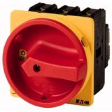 P3-100/EA/SVB/N/HI11 Main switch, P3, 100 A, flush mounting, 3 pole + N, 1 N/O, 1 N/C, Emergency switching off function, With red rotary handle and yellow locking ring, Lo