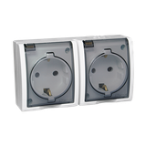 IP54 double socket outlets with Schuko earthing - transparent flap, white, 16A