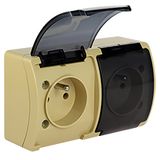 VG-2 Koala Double Socket with earthing contact (2x2P+Z) surface mounted IP44 beige with smoky (transparent) flap  VG 162-54