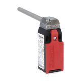 Limit switch, K series, hinge operating, 1 bottom cable entry. Dimensions to EN 50047, plastic body, contacts 2NC slow action. Long solid shaft
