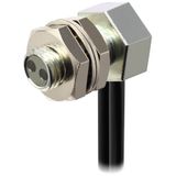Fiber optic sensor head, retro-reflective, transparent object detection, M6 hexagonal back, right-angled head, integrated lens, R2 flexible fiber, 2 m cable E32 1604E