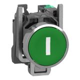 Push button, Harmony XB4, metal, flush, green, 22mm, spring return, white marked I, 1 NO, compact push in terminals