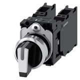 Selector switch, illuminable, 22 mm, round, metal, shiny, white, selector switch, short, 3 switch positions I>O