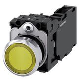 Illuminated pushbutton, 22 mm, round, metal, shiny, yellow, pushbutton, flat, momentary contact type, with holder,
