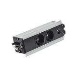 Indesk 2x250V typ E sockets + USB A+C charger; 10 cm cable; aluminum-black