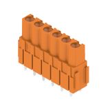 PCB plug-in connector, female header, Dovetails for fixing blocks, THT solder connection, 5.08 mm, Number of poles: 6, 180°, Solder pin length (l): 3.2 mm, tinned, orange, Box