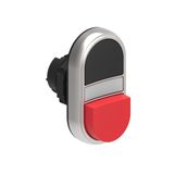 Double-touch actuator, spring return, white indicator Ø22mm Platinum series chromed plastic, 1 extended and 1 flush pushbuttons. Both spring return, Black - Red
