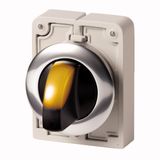M30C-FWLK3-Y Illuminated selector switch actuator, RMQ-Titan, With thumb-grip, momentary, 3 positions, yellow, Metal bezel