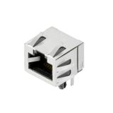 PCB plug-in connector, RJ45 jacks, Cat. 5 , THT/THR solder connection, 90°, Latch option: bottom, Shield tabs: 6 tabs, 30...80 µ" Ni / ≥ 30 µ" Au , LED: No, Number of poles: 8, Tape