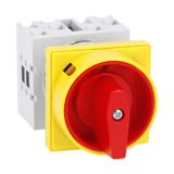 Rotary cam switch GX series, ON-OFF switch 4 poles 20A, for front mounting with red/yellow handle padlockable in 0 and protection covers, front plate 48X48mm