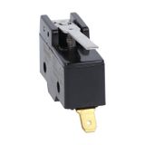 Plastic micro switch, K series, metal lever. 54mm/2.13in long flat lever. Contacts 1NO/NC. Faston terminals