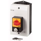 P1-25/I2/SVA(S)-RT Panic switches, P1, 25 A, surface mounting, 3 pole, with red thumb grip and yellow front plate, Cylinder lock SVA