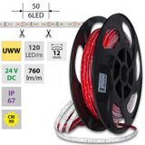LED strip SMD2835 UWW, 120LED/m, 14W/m, DC 24V, 760lm/m, CRI90, IP67, 12mm, 50m