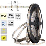 LED strip SMD2835 WW, 120LED/m, 9,6W/m, DC 12V, 610lm/m, CRI90, IP54, 8mm, 5m