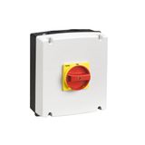 IEC/EN type IP65 non-metallic enclosure switch disconnector, four-pole. With rotating red/yellow handle, 63A. Enclosure dimensions: 175x210x99mm/6.9x8.3x3.9''