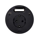 Furniture power socket (schuko grounding) with USB-C 100W charger and grommet (cable outlet), Simon 400 Flash 90, IP20, 16A, black, Mount. dimen.: Ø80mm