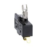 Plastic micro switch, K series, top roller push plunger. One-way roller lever. Contacts 1NO/NC. Faston terminals