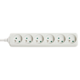 6-Way French Schuko Mains Power Extension, White Multi-socket outlet with 6 French sockets at 45°, for easy connection, 1.4m power cord.