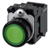 Pushbutton, illuminated, 22 mm, round, plastic, green, 1 NO, 110 V AC