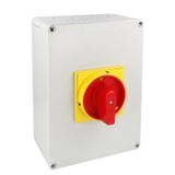 Enclosed rotary cam switch 7GN series, ON-OFF switch 1 pole 125A in plastic enclosure 180X254mm with red/yellow handle