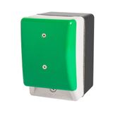 Palm switch, momentary, green mushroom button, with enclosure