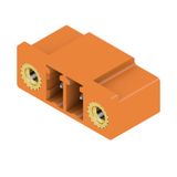 PCB plug-in connector, male header, Flange, THT solder connection, 3.81 mm, Number of poles: 2, 90°, Solder pin length (l): 3.2 mm, tinned, orange, Box