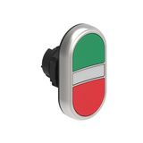 Double-touch actuator, spring return, white indicator Ø22mm Platinum series chromed plastic, 2 flush pushbuttons. Both spring return, Green - Red