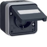 SCHUKO soc.out. hinged cover surf.-mtd, enhncd contact prot., W.1, gre