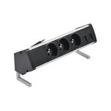 Desk socket set: 3x250V type E + 2xRJ45 plate with Keystone mounting, 10 cm cable; aluminum black