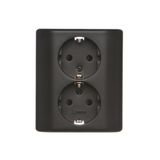 Double socket outlet with Schuko earthing and shutters, flush mounted - Scandinavian version, (Complete product), 16A, 250V, quick connection, black matt