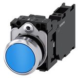 Pushbutton, 22 mm, round, metal, high gloss, blue, button, 1 NO + 1 NC