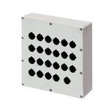 Aluminium push-button enclosure M4 230x257x80, 23 holes Ø 22, without cable entry