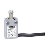 Prewired with 2m long cable metal limit switch, K series, top roller push plunger. Contacts 1NO+1NC slow action
