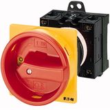 T0-4-15700/V/SVB Main switch, T0, 20 A, rear mounting, 4 contact unit(s), 6 pole, 2 N/O, Emergency switching off function, With red rotary handle and yellow locking ri