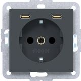 SCHUKO wall socket with earth connection, 2 x USB C (PD), A.x/C.x, anthracite.
