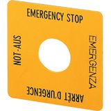 SQT1 Emergency-Stop label, Yellow, black lettering, square 50 x 50 mm, de, en, fr, it, Front dimensions 25 — 25 mm