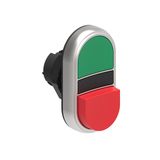 Double-touch actuator, spring return Ø22mm Platinum series chromed plastic, 1 extended and 1 flush pushbuttons. Both spring return, Green - Red