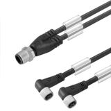 Sensor/actuator line, Connecting line, M12 / M8, Number of poles : 3, 3 m, Twin cabling, pin, straight, 2x socket, angled, Shielded: No, LED: No, Sheath material: PUR, Halogen: No
