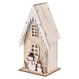 LED decoration, wooden – house with snowmen, 28.5 cm, 2x AA, indoor, warm white, timer