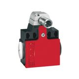 Limit switch, K series, hinge operating, 2 side cable entry. Dimensions compatible to EN 50047, metal body, contacts 1NO+1NC slow action. Long solid shaft with reduction