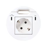 Furniture power socket (schuko grounding) with USB-C 100W charger and grommet (cable outlet), Simon 400 Flash 90, IP20, 16A, white, Mount. dimen.: Ø80mm