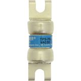 Eaton Bussmann series TPS telecommunication fuse, Vertical PCB tab, 170 Vdc, 70A, 100 kAIC, Non Indicating, Current-limiting, Non-indicating, Glass melamine tube, Silver-plated brass ferrules