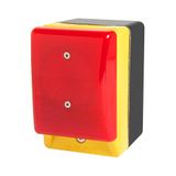 Emergency stop palm switch, illuminated, momentary, red mushroom button, with enclosure