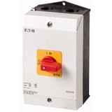 P1-32/I2-RT-NA On-Off switch, P1, 32 A, surface mounting, 3 pole, Emergency switching off function, with red thumb grip and yellow front plate, UL/CSA